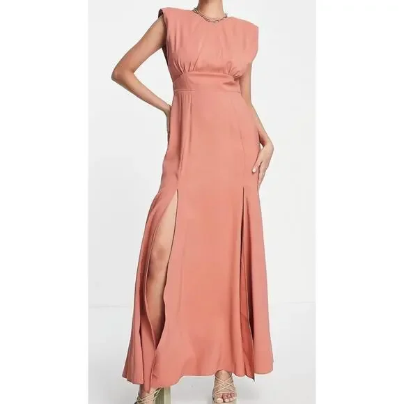 ASOS DESIGN sleeveless linen maxi dress with slits in terracotta size 6 - Picture 4 of 6